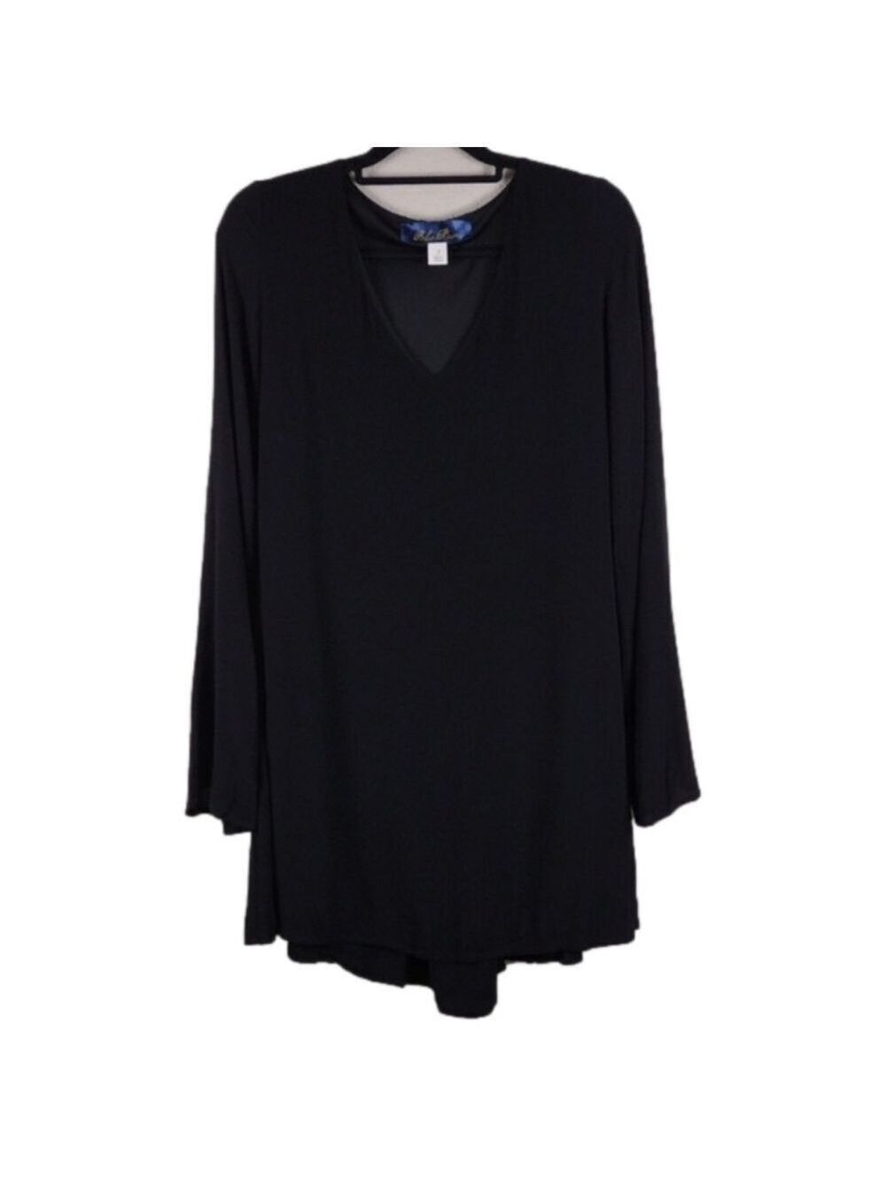 Blue Rain Black V-Neck Long Flare Sleeve Lace Back High Low Hem Pullover Dress